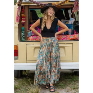 Natural Life Hanna Convertible Maxi Skirt Boho Paisley Size Large Smocked Back